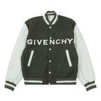 Dark green varsity jacket with white striped collar and button front