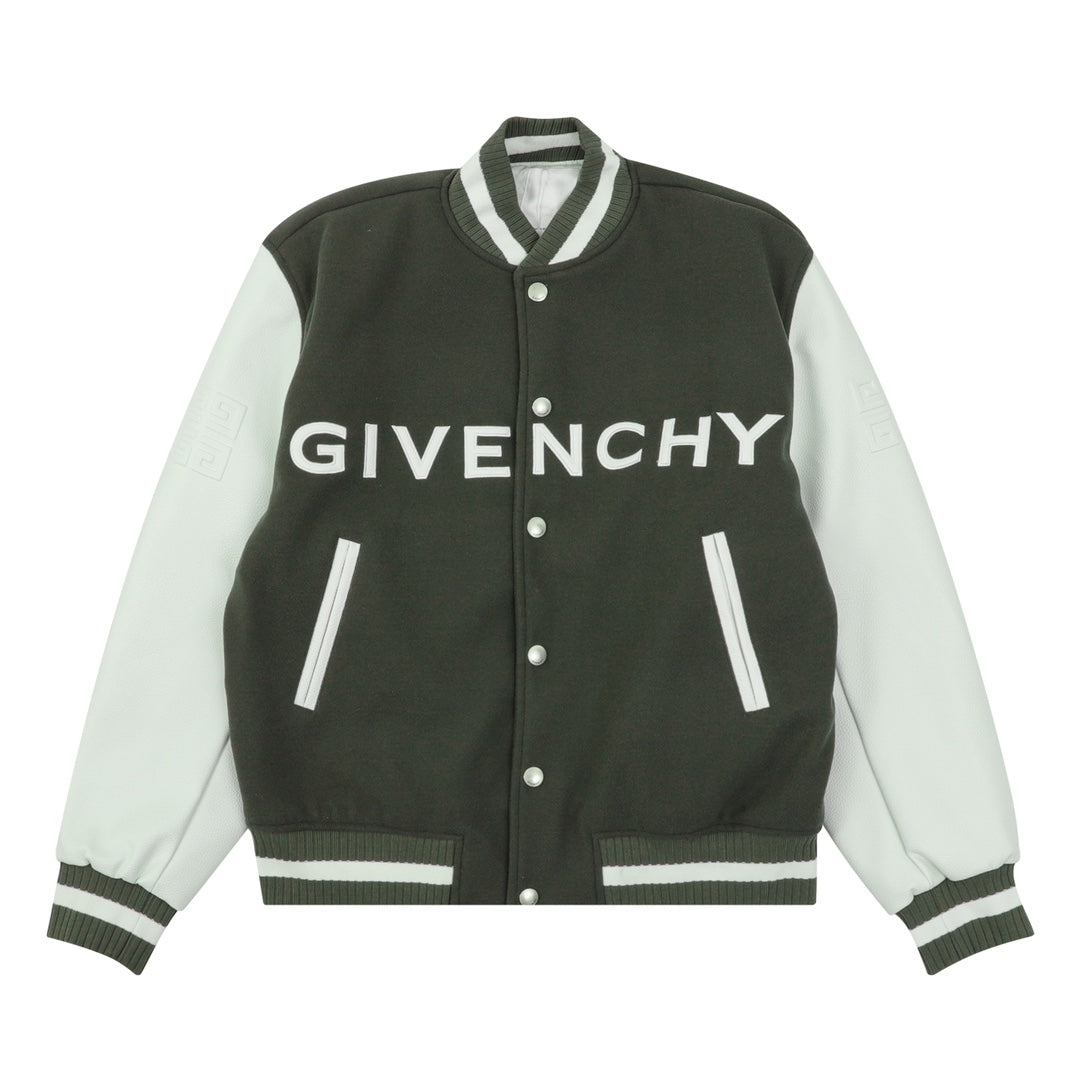 Dark green varsity jacket with white striped collar and button front