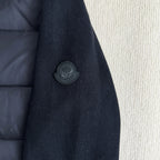 Moncler hooded puffer jacket sleeve cuff patch, dark navy fabric detail