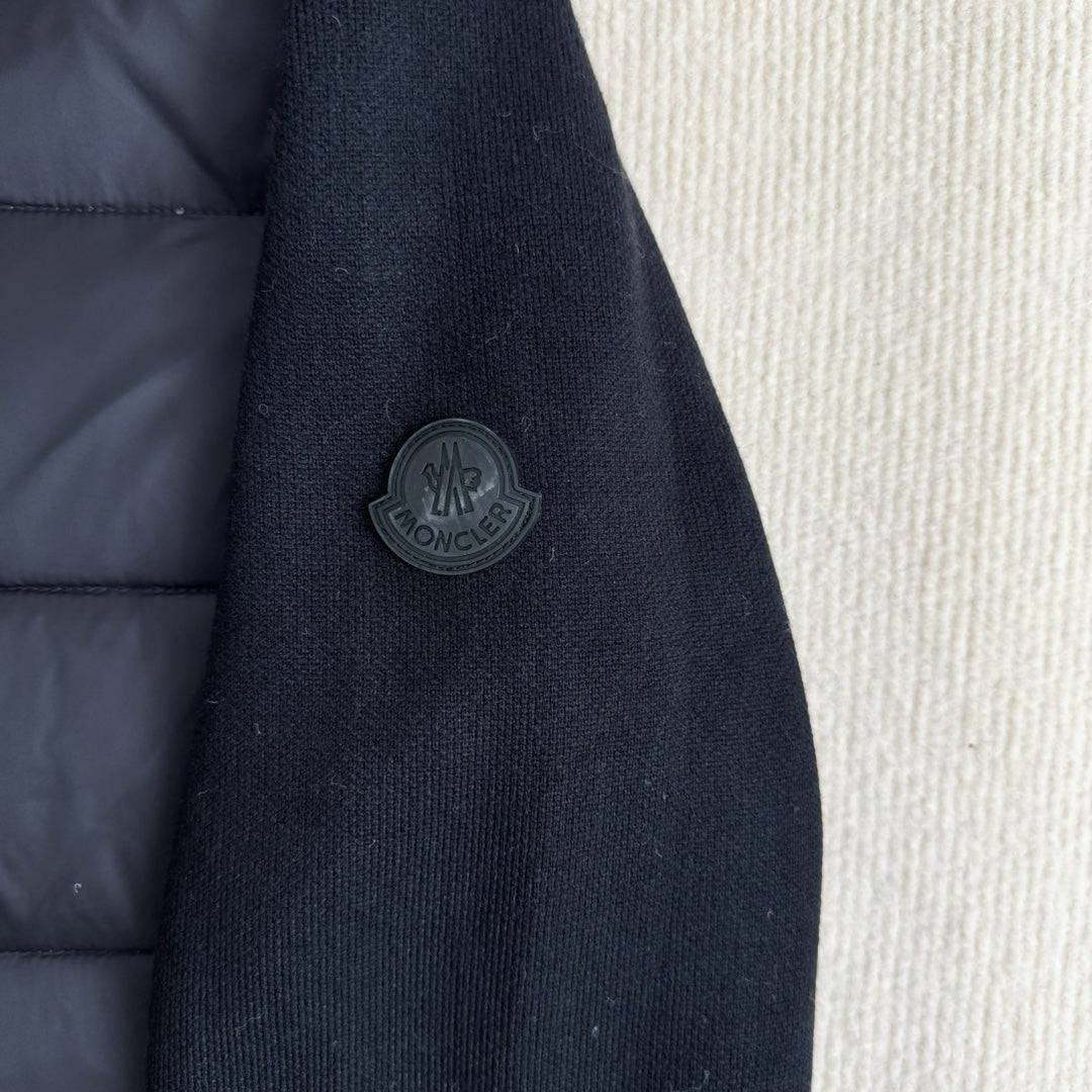 Moncler hooded puffer jacket sleeve cuff patch, dark navy fabric detail