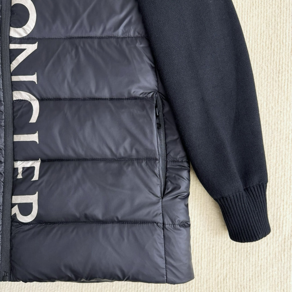 Moncler long puffer jacket sleeve and side seam, dark navy with ribbed cuff
