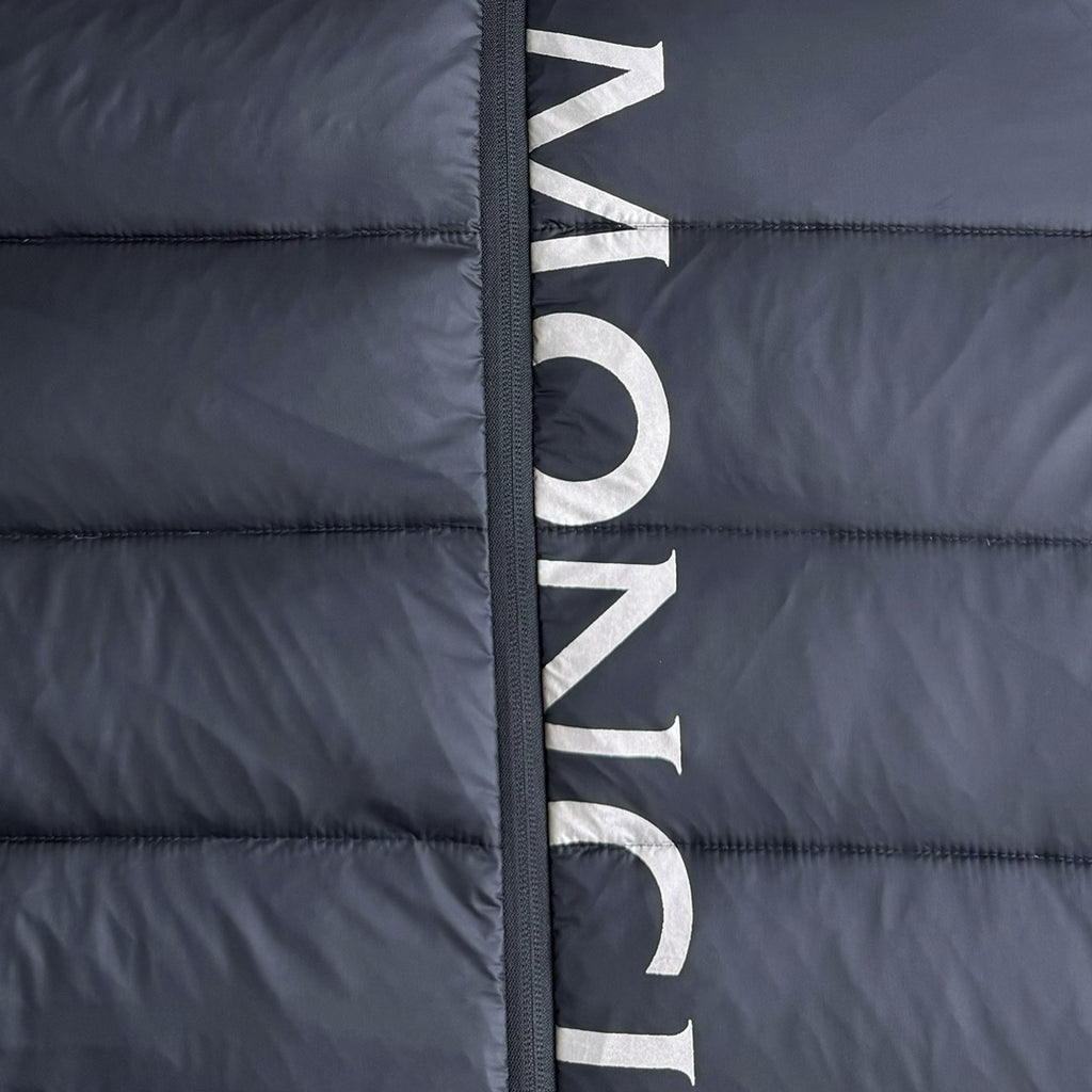 Moncler long puffer jacket front logo stripe, dark navy with front zipper edge