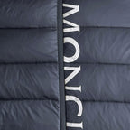 Moncler long puffer jacket front logo stripe, dark navy with front zipper edge