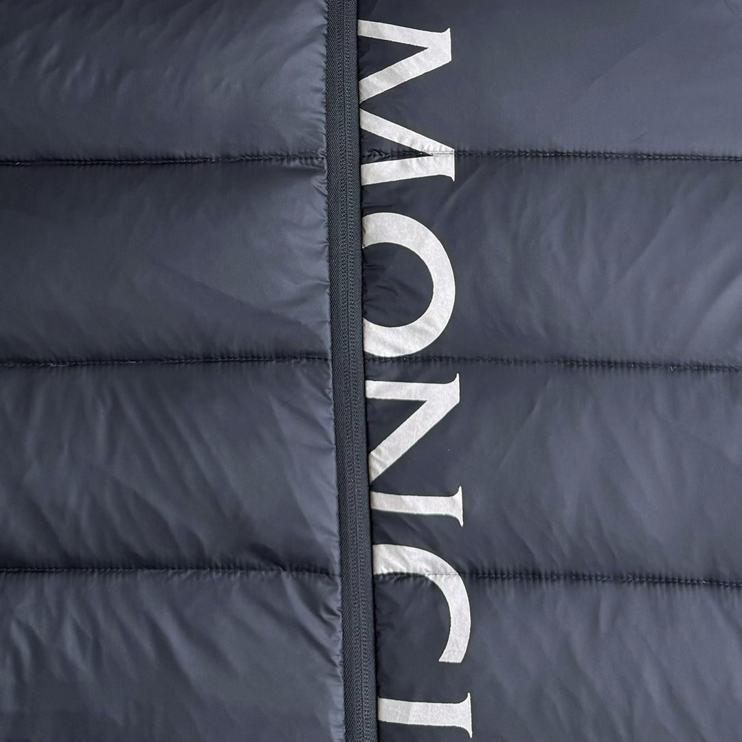 Moncler long puffer jacket front logo stripe, dark navy with front zipper edge