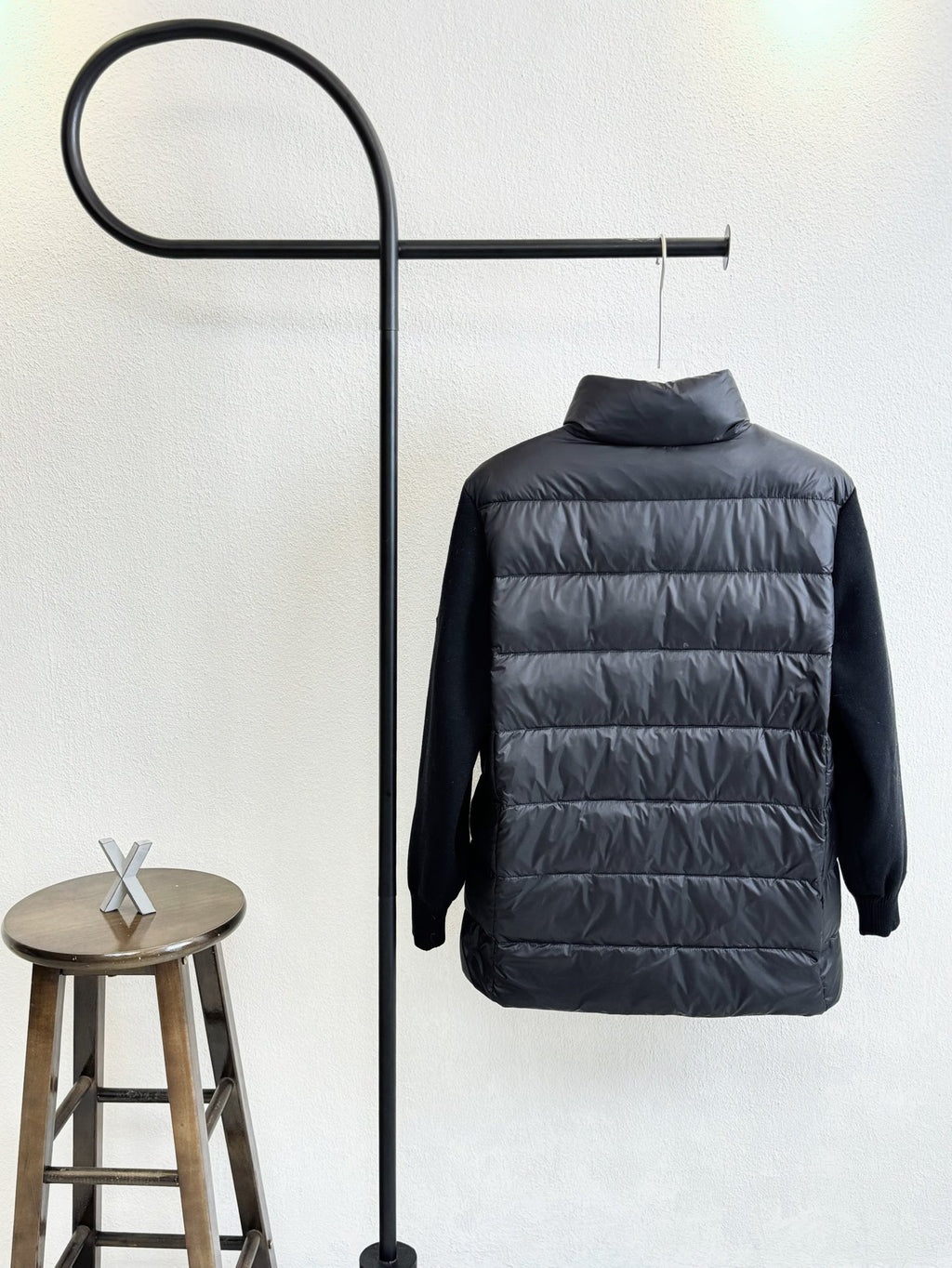 Moncler long puffer jacket, dark navy, hooded back view with horizontal quilting