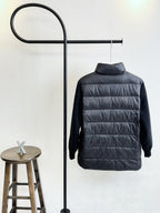 Moncler long puffer jacket, dark navy, hooded back view with horizontal quilting