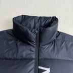 Moncler hooded puffer jacket panel, dark navy, front zipper and high collar close-up