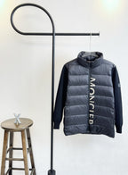 Moncler long puffer jacket, dark navy, full-zip, hooded, logo stripe on front