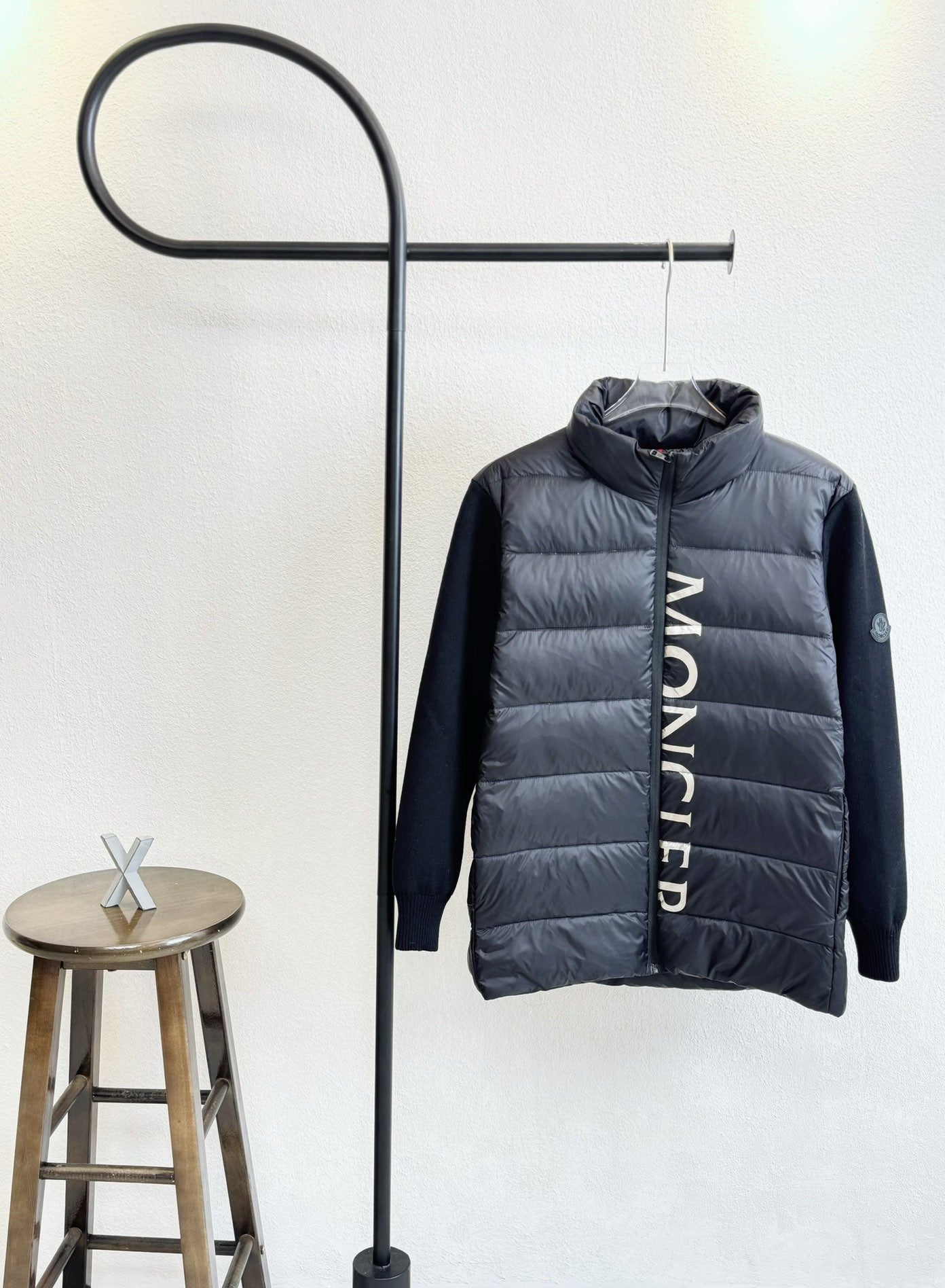 Moncler long puffer jacket, dark navy, full-zip, hooded, logo stripe on front