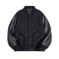Black leather-sleeve varsity jacket with snap front and two front pockets