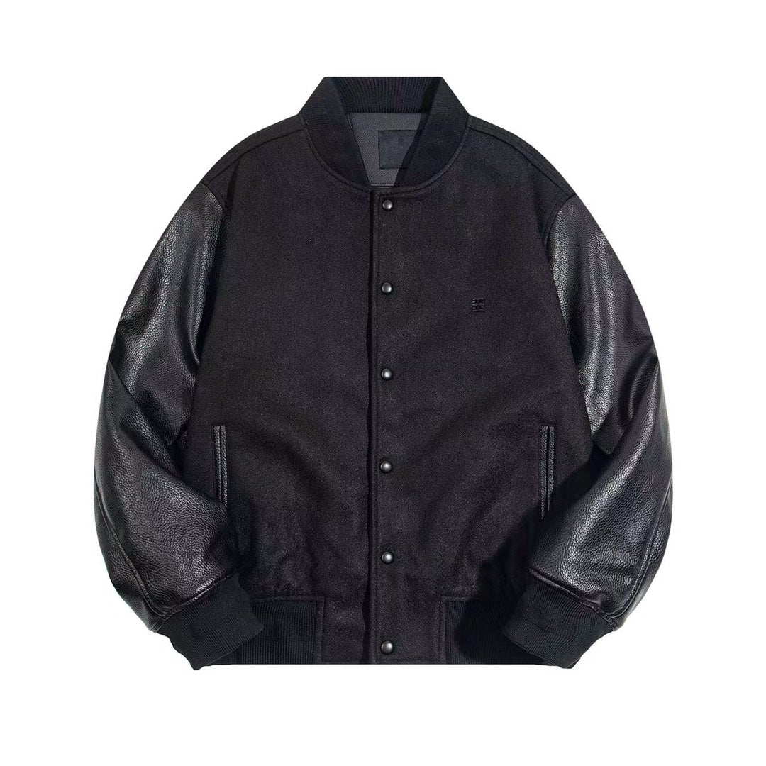 Black leather-sleeve varsity jacket with snap front and two front pockets