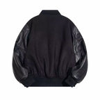 Black varsity jacket with ribbed collar and cuffs, leather-look sleeves