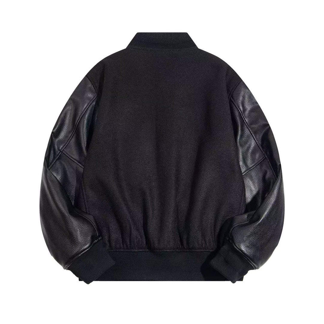 Black varsity jacket with ribbed collar and cuffs, leather-look sleeves