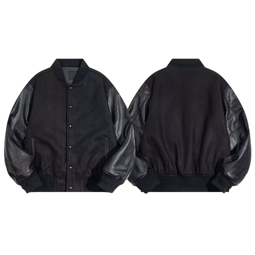 Black varsity jacket front and back view with snap buttons and ribbed trim