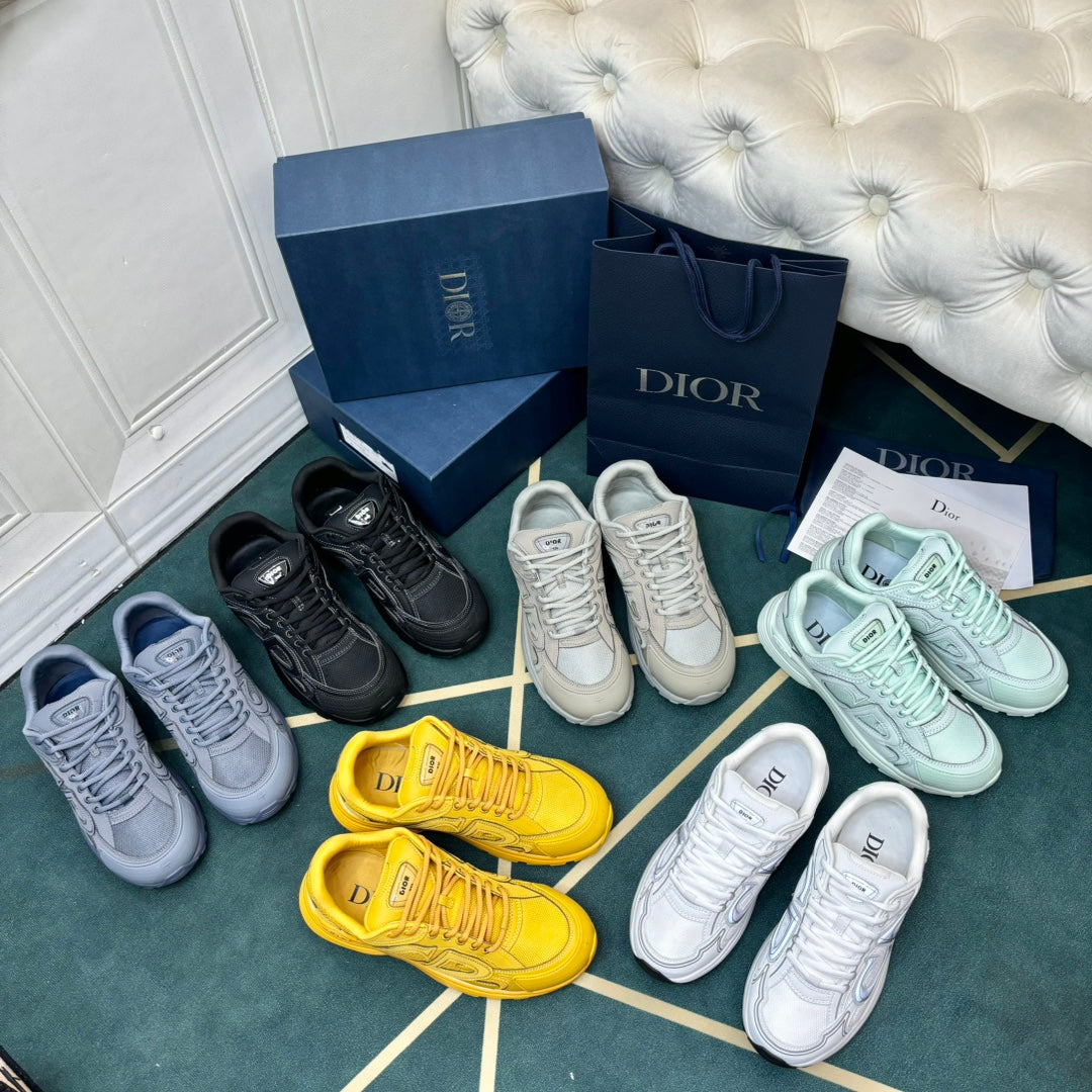Dior unisex sneakers assortment, multiple colors including black, white, yellow, and light grey