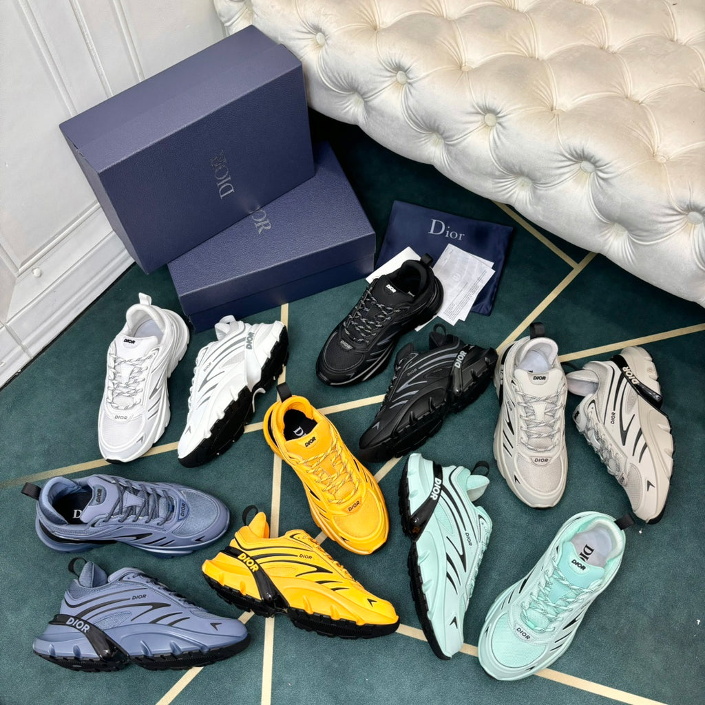 Dior unisex sneaker assortment, white, black, yellow, teal, and gray pairs