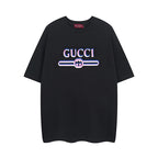 Black Gucci short-sleeve T-shirt with multicolor GUCCI logo graphic on chest