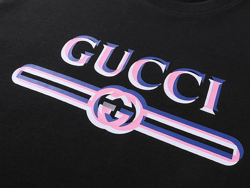 Black Gucci short-sleeve T-shirt with large multicolor GUCCI logo print