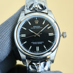 Rolex Oyster Perpetual wristwatch with black dial, steel case, baton hour markers