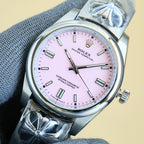 Rolex Oyster Perpetual watch with pale pink dial and silver bracelet, baton hour markers
