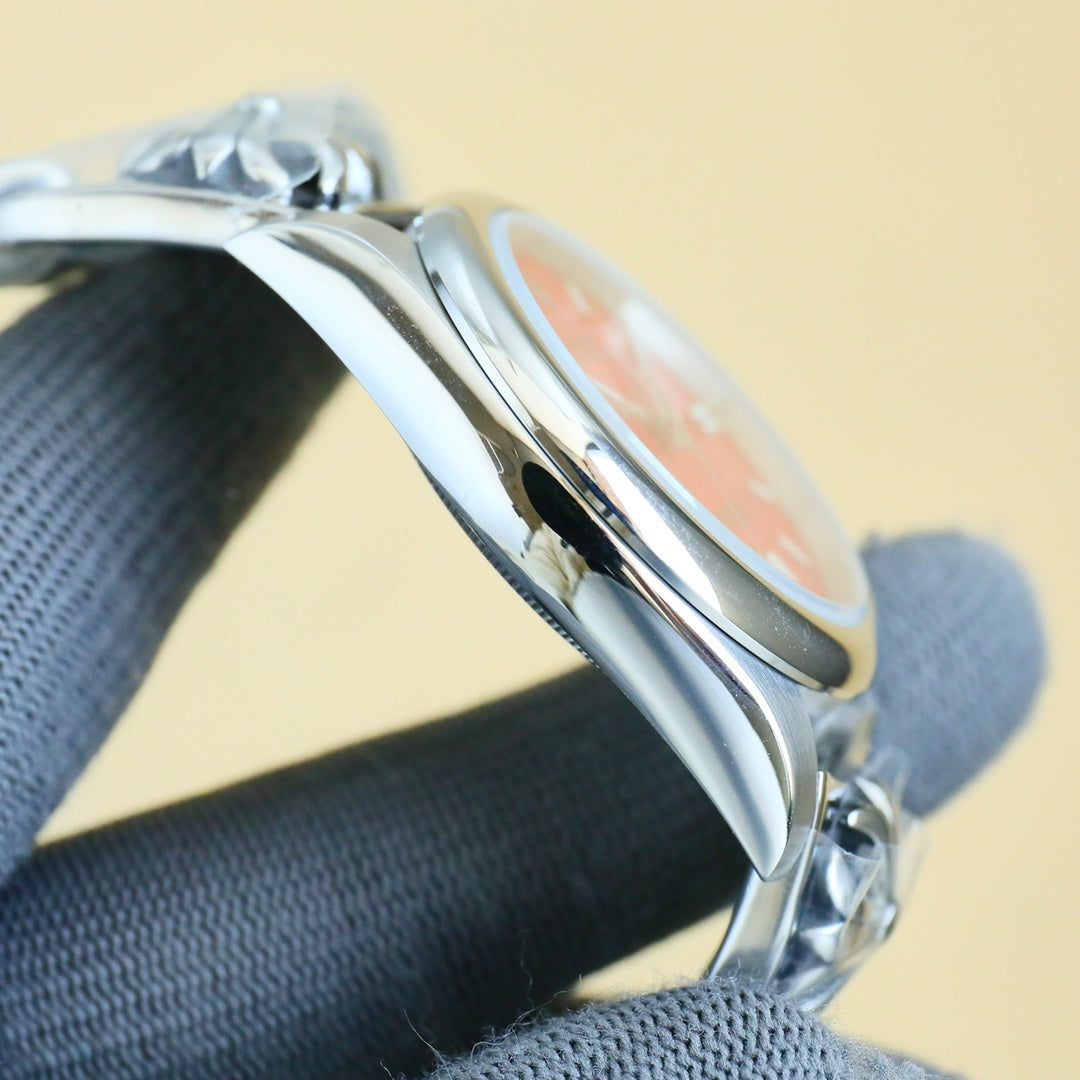 Rolex watch side profile with polished silver case and textured bracelet links