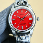 Rolex Oyster Perpetual watch with red dial, silver bracelet, baton hour markers