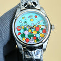Rolex wristwatch with turquoise dial and colorful pattern, silver case and bracelet
