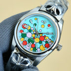 Rolex wristwatch with turquoise dial, multicolor motifs, and silver bracelet links