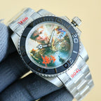Rolex stainless steel wristwatch angled view with colorful dial, black bezel, date window at 8.