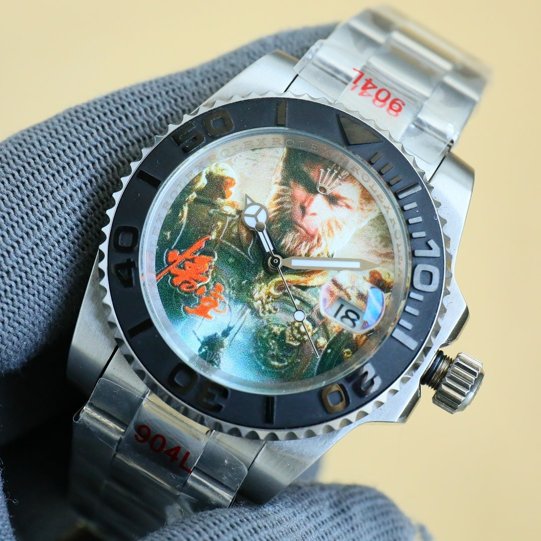 Rolex stainless steel wristwatch front with colorful dial, black bezel, date window at 18.