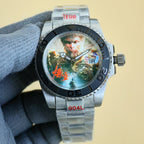 Rolex stainless steel wristwatch with colorful dial, black bezel, date window at 18.