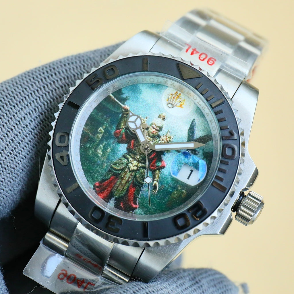 Rolex stainless steel wristwatch with colorful dial, black bezel, date window at 1.