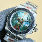 Rolex stainless steel wristwatch with colorful dial, black bezel, date window at 1.