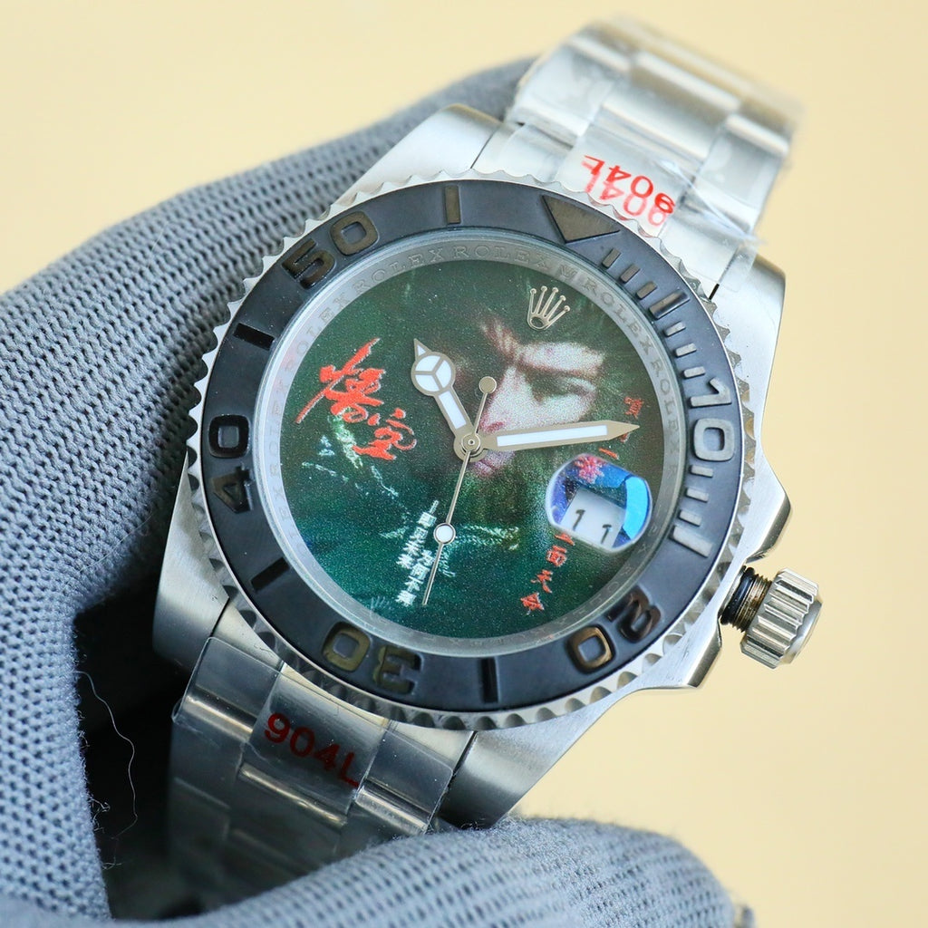 Rolex watch with silver steel bracelet, black bezel, green dial with animal graphic