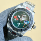Rolex watch with silver steel bracelet, black bezel, green dial with animal graphic