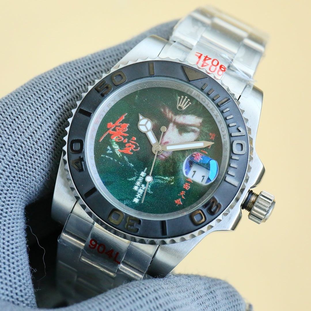 Rolex watch with silver steel bracelet, black bezel, green dial with animal graphic
