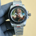 Rolex watch with silver steel bracelet, black bezel, green patterned dial and red hands