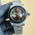 Rolex watch with silver steel bracelet, black bezel, green patterned dial and red hands