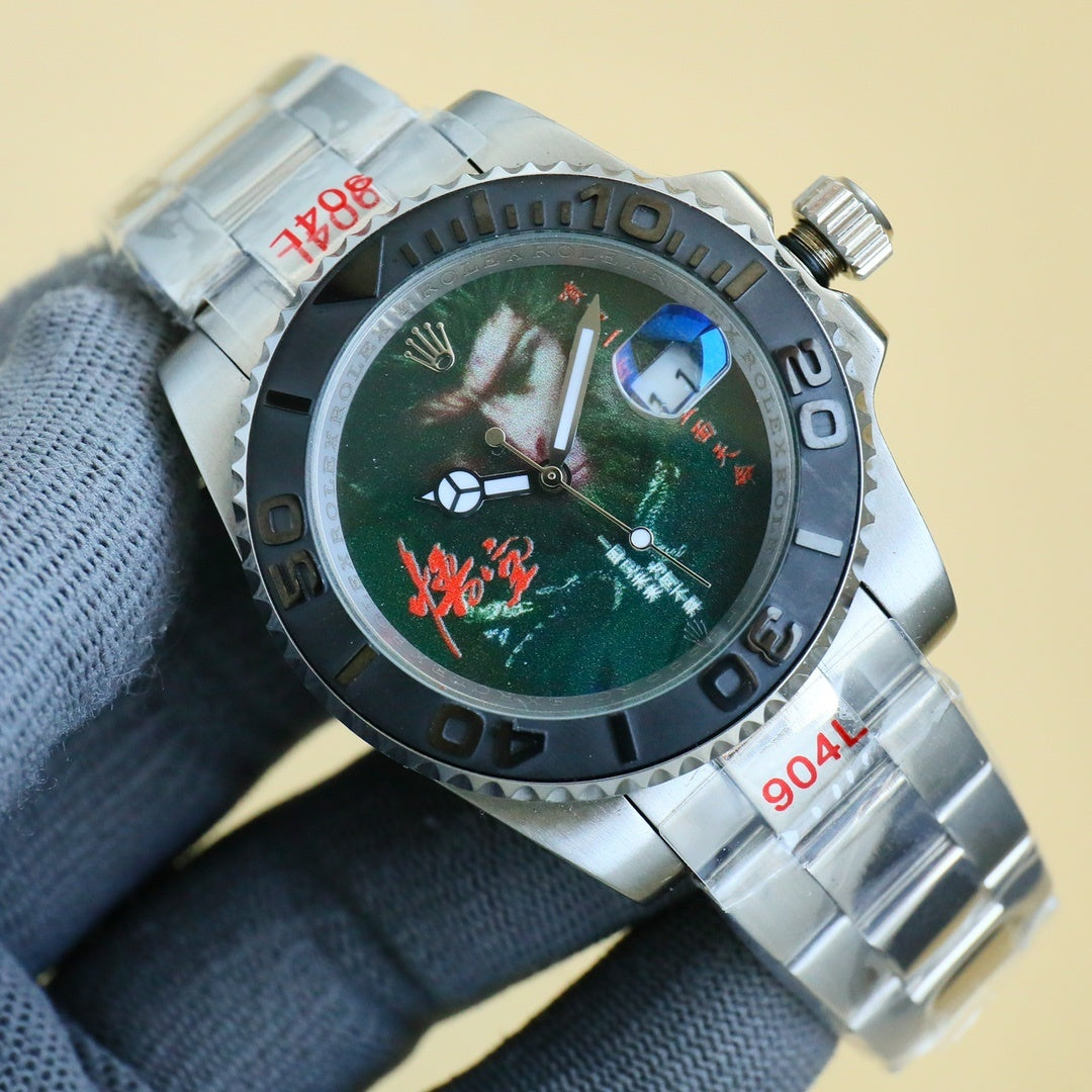 Rolex watch with steel bracelet, black bezel, green dial with soccer ball motif
