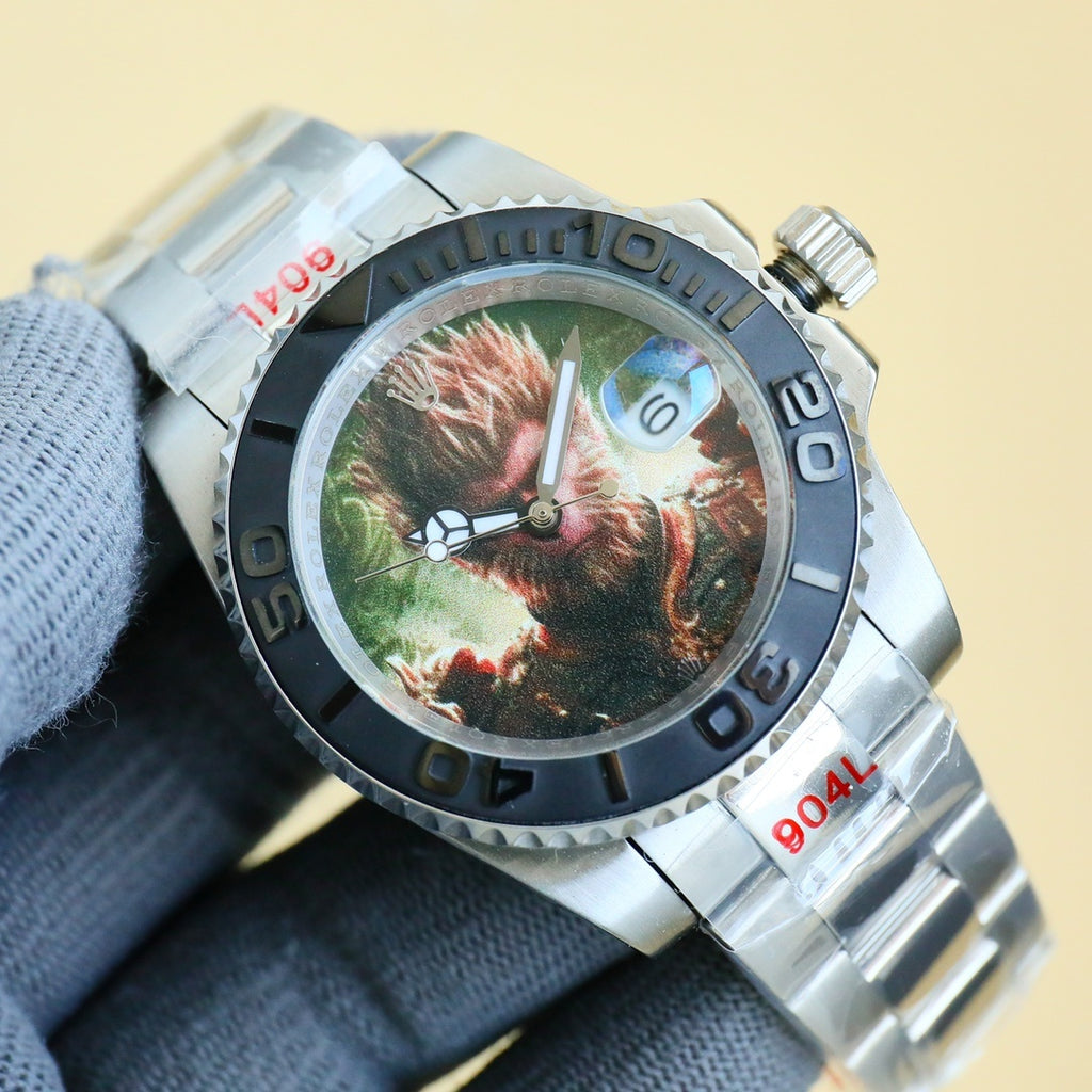 Rolex watch with silver steel bracelet, black bezel, green dial with creature graphic