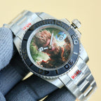 Rolex watch with silver steel bracelet, black bezel, green dial with creature graphic