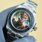 Rolex watch with silver steel bracelet, black bezel, green patterned dial and luminous markers