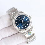 Steel wristwatch with blue dial and silver link bracelet, baton hour markers