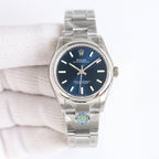 Steel wristwatch with dark blue dial and silver link bracelet, crown at side