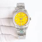 Steel wristwatch with yellow dial and silver link bracelet, crown at 3 o'clock