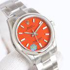 Stainless-steel wristwatch with orange dial, silver bezel, baton hour markers and crown