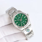 Stainless-steel wristwatch with green dial and stainless bracelet, round case and baton markers