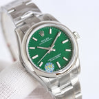 Stainless-steel wristwatch with green dial, baton hour markers, and crown at 3 o'clock