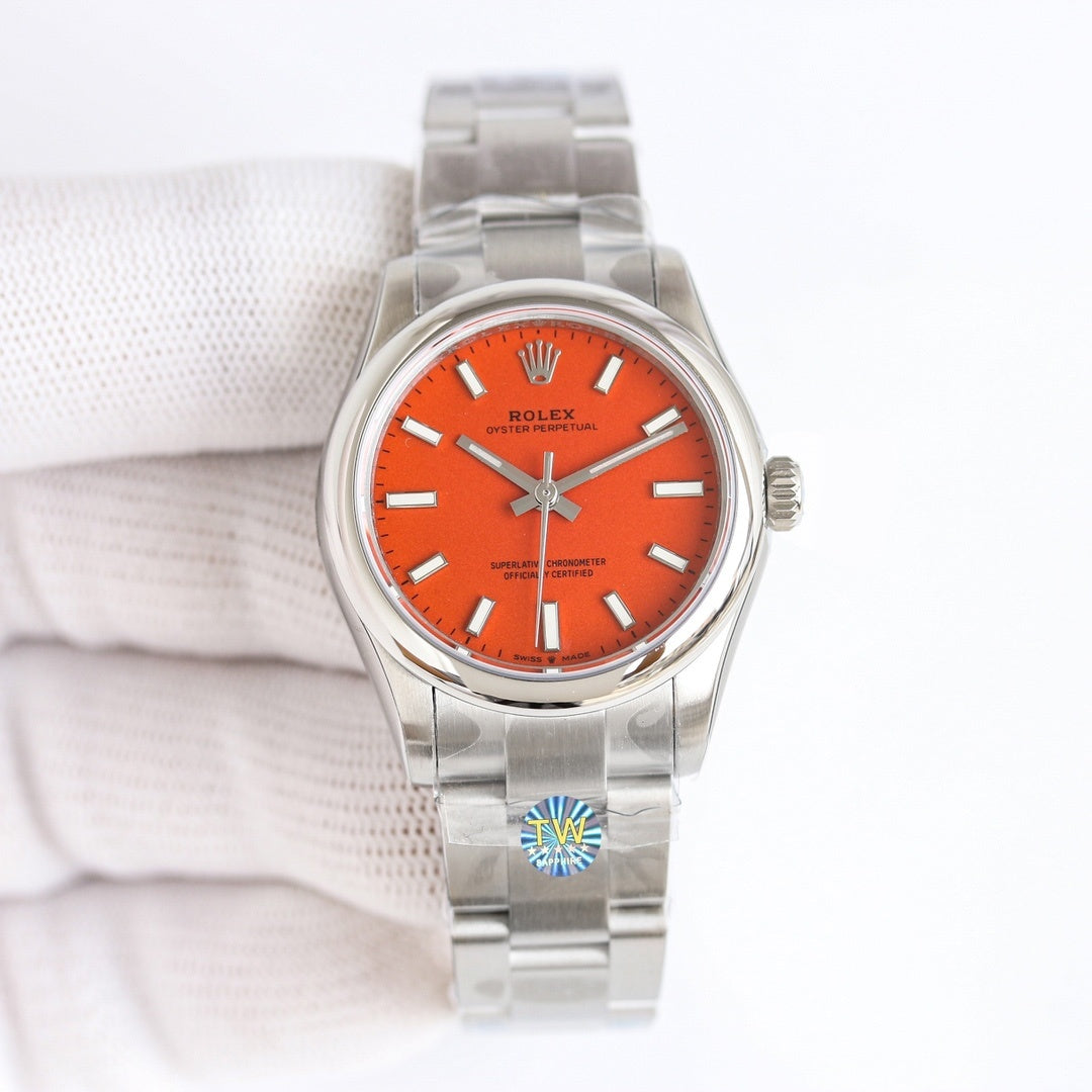Stainless-steel wristwatch with orange dial and stainless-steel bracelet, round case and markers