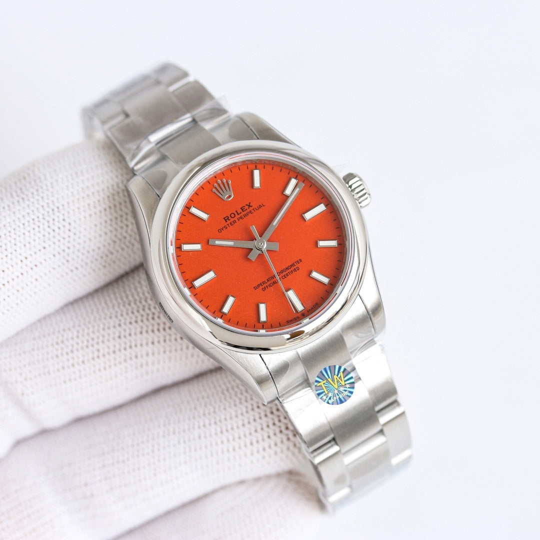 Stainless-steel wristwatch with orange dial, silver bezel, baton markers, and bracelet links